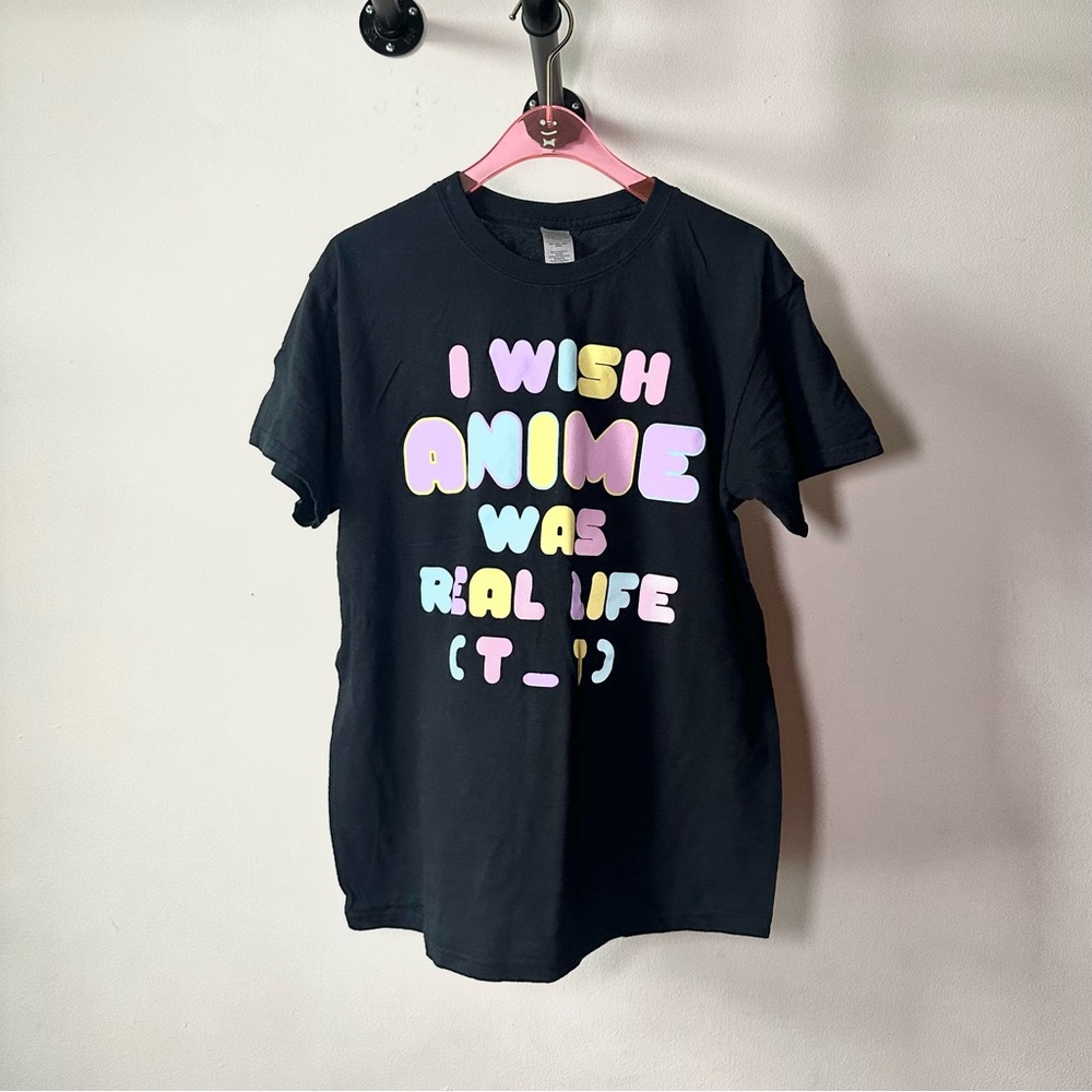 Gildan "I Wish Anime Was Real Life" pastel on black tee Medium